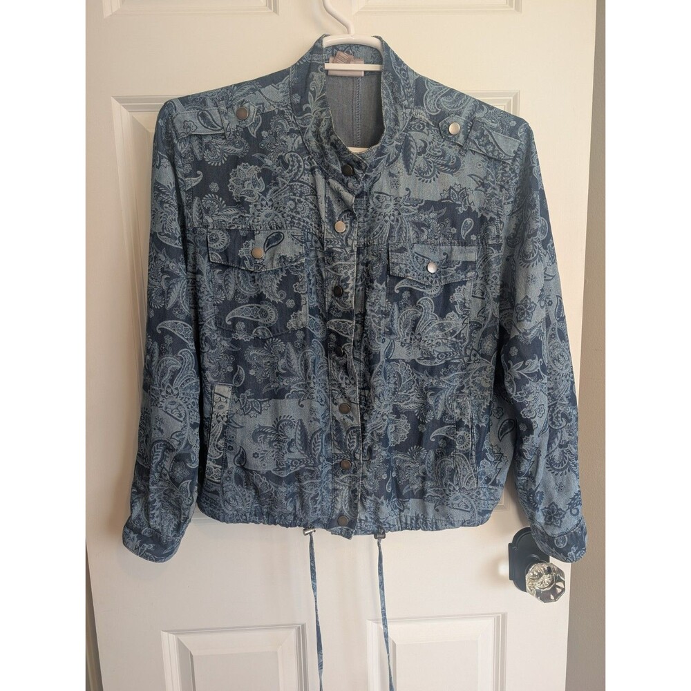 EUC Chico’s Women’s Jacket sz 2 Large Blue Like Denim Floral Paisley Snaps Rodeo